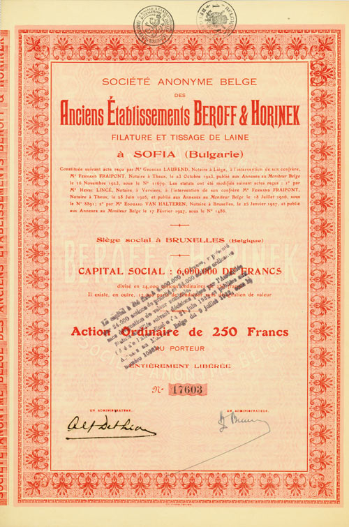 Socit Anonyme Belge des Anciens tablissements Beroff & Horinex Filature et Tissage de Laine