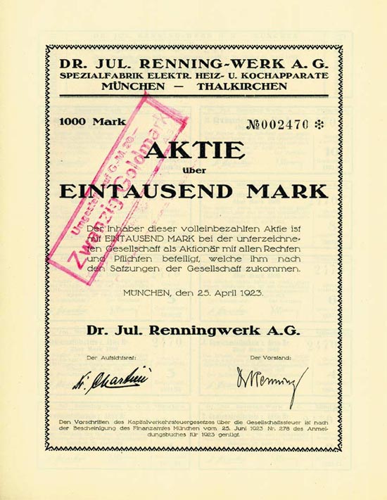 Dr. Jul. Renning-Werk AG - Spezialfabrik Elektr. Heiz- u. Kochapparate
