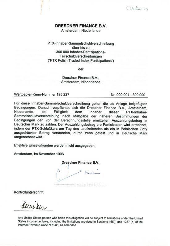 Dresdner Bank - PTX-Zertifikat