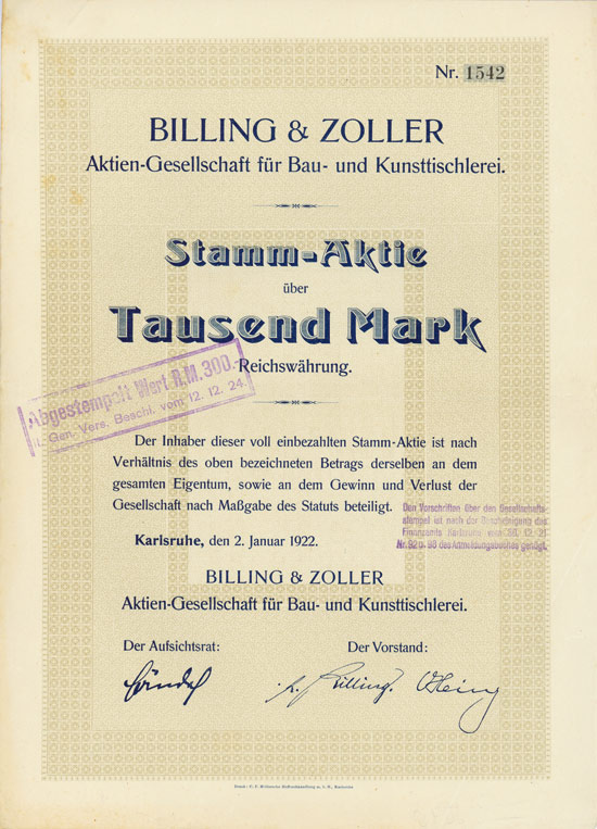 Billing & Zoller Aktien-Gesellschaft für Bau- und Kunsttischlerei