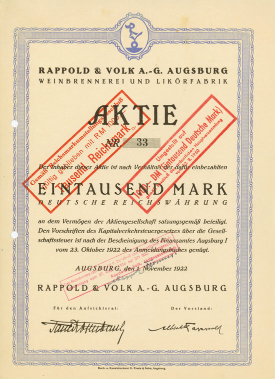Rappold & Volk A.-G. Augsburg Weinbrennerei und Likörfabrik