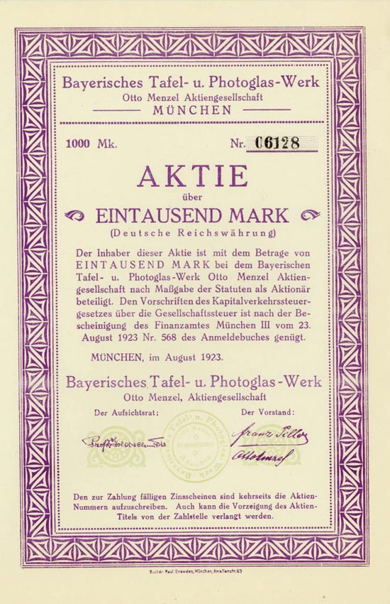 Bayerisches Tafel- und Photoglas-Werk Otto Menzel AG [Multiauktion 3]