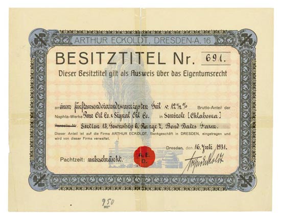 Arthur Eckoldt, Dresden-A. 16, Naphta-Werke Prrre Oil Co. & Signal Oil Co.
