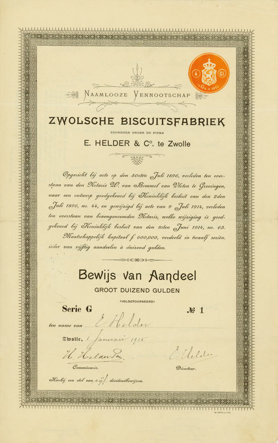 Naamlooze Vennootschap Zwolsche Biscuitsfabriek vorheen onder de Firma E. Helder & Co.