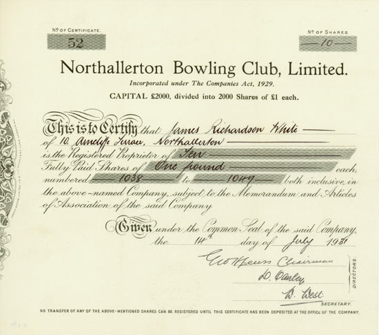 Northallerton Bowling Club, Ltd.