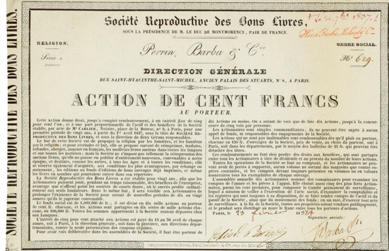Société Reproductive des Bonds Livres, sous la Présidence de M. Le Duc de Montmorency, pair de France Perrin, Barba & Cie.