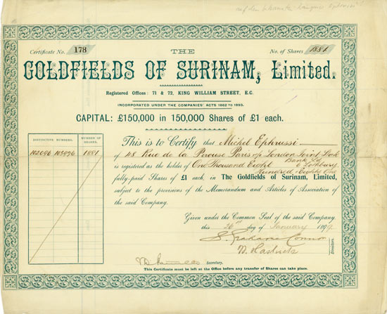 Goldfields of Surinam, Limited (issued to Michel Ephrussi)