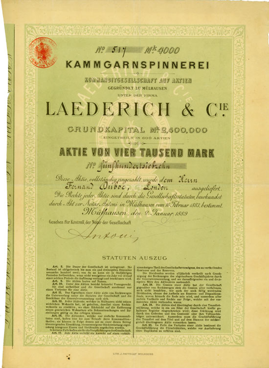 Kammgarnspinnerei Kommanditgesellschaft auf Aktien gegründet zu Mülhausen unter der Firma Laederich & Cie.