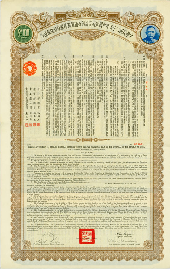 Chinese Government (Shanghai-Hangchow-Ningpo Railway Completion Loan, Kuhlmann 901)