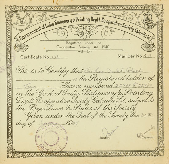 Government of India Stationary & Printing Deott, Co-operative Society Calcutta Ltd.