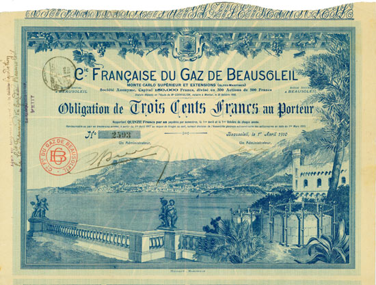 Cie. Francaise du Gaz de Beausoleil Monte-Carlo Supérieur et Extensions (Alpes-Maritimes)