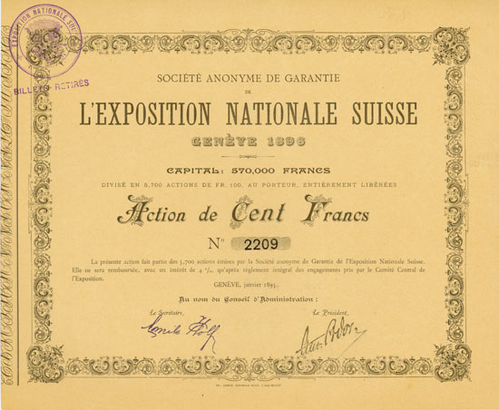 Société Anonyme de Garantie de l’Exposition Nationale Suisse Genéve 1896