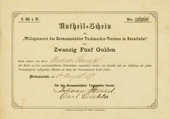 Wollspinnerei des Hermannstädter Tuchmacher-Vereines in Gurariului