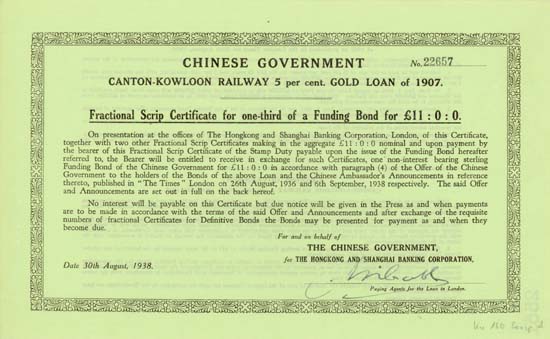 Chinese Imperial Railway (Canton-Kowloon Railway, Kuhlmann 160 Scrip A)