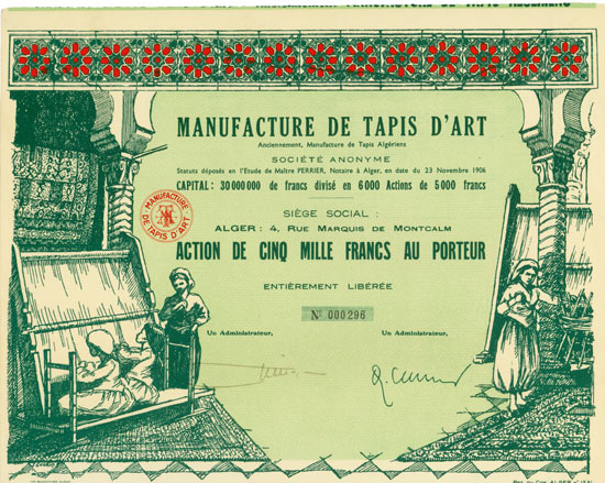 Manufacture de Tapis d'Art, Anciennement Manufacture de Tapis Algériens Société Anonyme