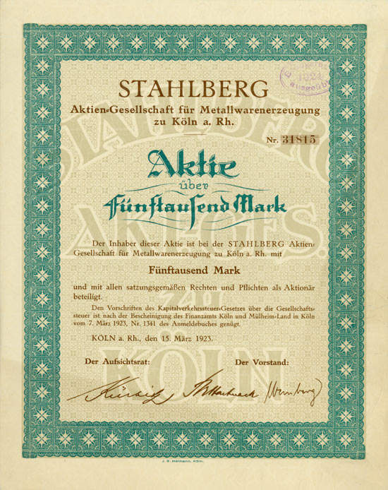 Stahlberg Aktien-Gesellschaft für Metallwarenerzeugung zu Köln a. Rhein