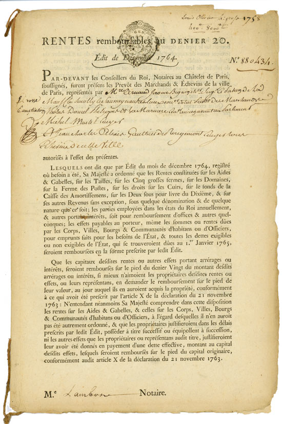 Rentes remboursables au Denier 20 - Édit de Décembre 1764