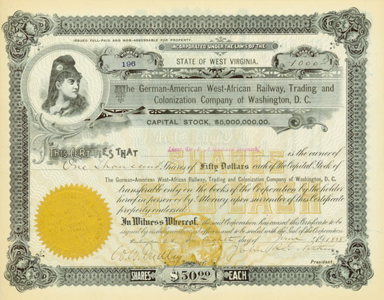 German-American West-African Railway, Trading and Colonization Company of Washington, D. C.