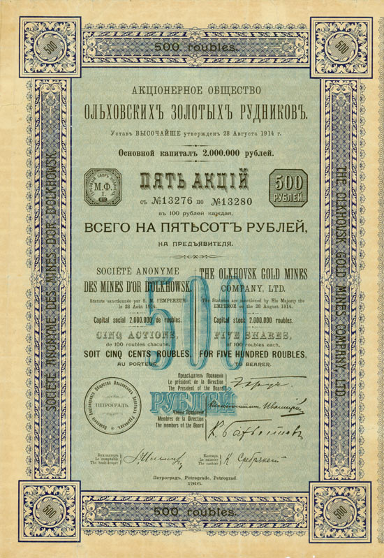 Société Anonyme des Mines d'Or d'Olkhowsk / Olkhovsk Gold Mines Company, Ltd.