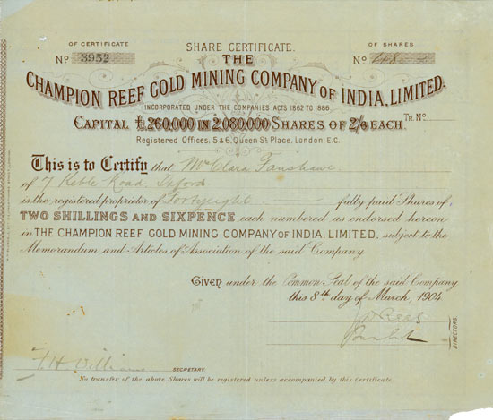 Champion Reef Gold Mining Company of India, Limited