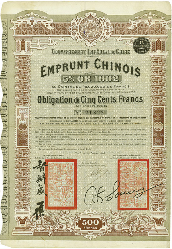 Gouvernement Impérial de Chine - Emprunt Chinois 5 % Or 1902 (Cheng-Tail Railway, Kuhlmann110)