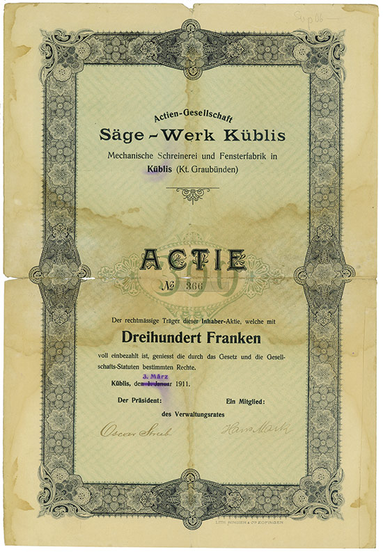 Actien-Gesellschaft Säge-Werk Küblis Mechanische Schreinerei und Fensterfabrik in Küblis (Kt. Graubünden)
