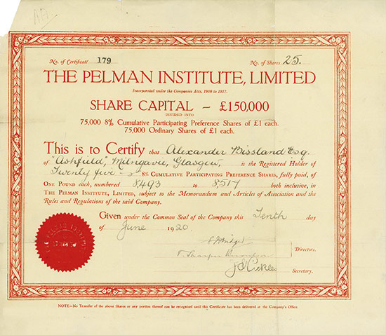 Pelman Institute, Limited
