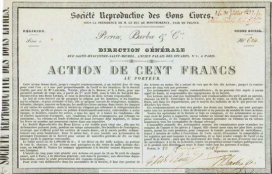 Société Reproductive des Bons Livres, sous la Présidence de M. Le Duc de Montmorency, pair de France Perrin, Barba & Cie.
