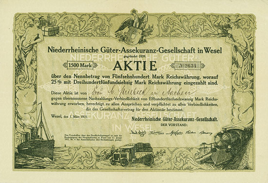 Niederrheinische Güter-Assecuranz-Gesellschaft in Wesel gegründet 1839