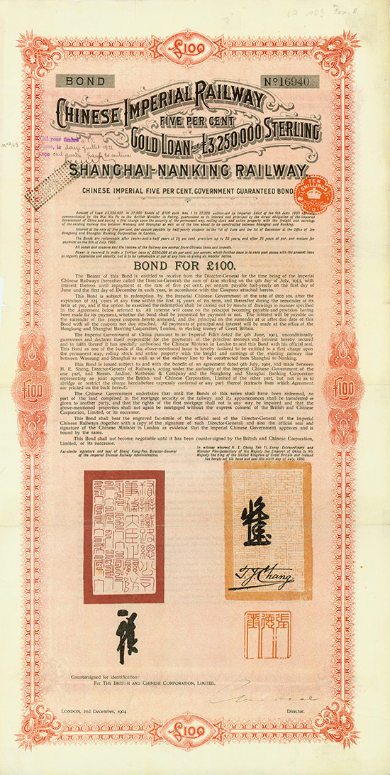 Chinese Imperial Railway Gold Loan (Shanghai-Nanking Railway, Kuhlmann 115/116) [3 Stück]
