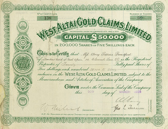 West Altai Gold Claims, Limited
