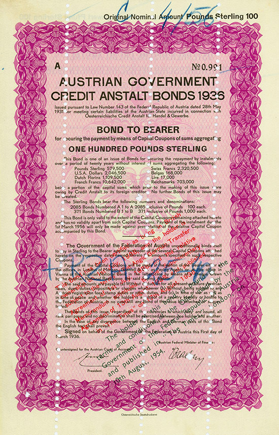 Austrian Government Credit Anstalt Bond 1936 [4 Stück]