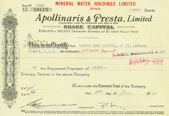 Mineral Water Holdings Limited formerly Apollinaris & Presta, Limited