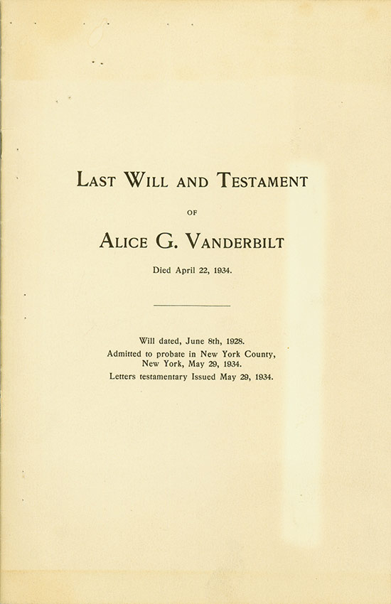 Last Will and Testament of Alice G. Vanderbilt