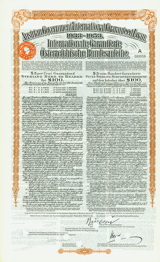 Austrian Government International Guaranteed Loan, 1933-1953 / International Garantierte Österreichische Bundesanleihe