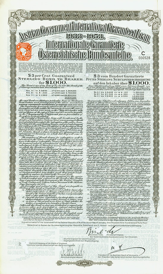 Austrian Government International Guaranteed Loan, 1933-1953 / International Garantierte Österreichische Bundesanleihe