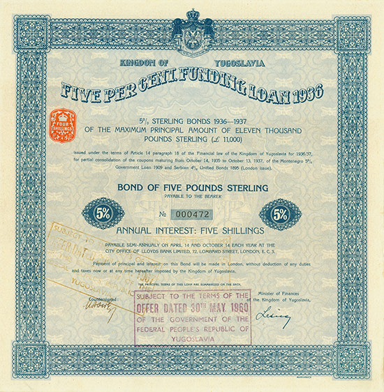 Kingdom of Yugoslavia - 5 % Funding Loan 1936