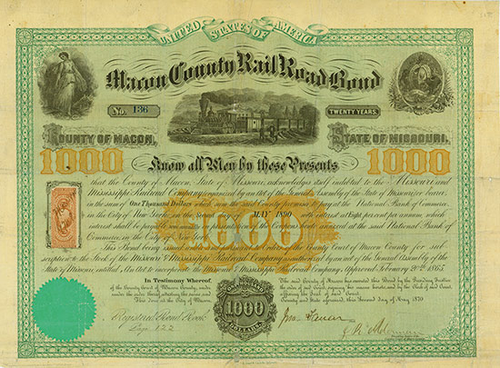 Missouri and Mississippi Railroad Company - Macon County Rail Road Bond