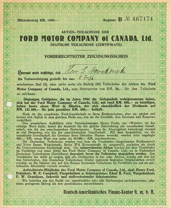 Ford Motor Company of Canada, Ltd. / Deutsch-Amerikanisches Finanz-Kontor G.m.b.H.