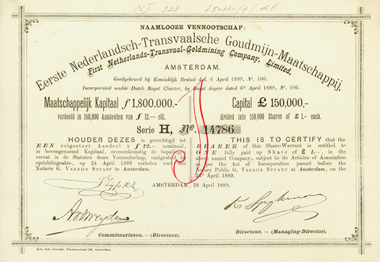 Naamlooze Vennootschap: Eerste Nederlandsch-Transvaalsche Goudmijn-Maatschappij (First Netherlands-Transvaal-Goldmining Company Limited)