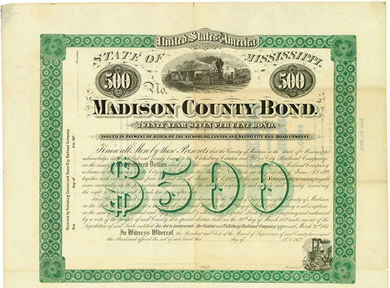 Madison County Bond - Vicksburg, Canton and Yazoo City Rail Road Company