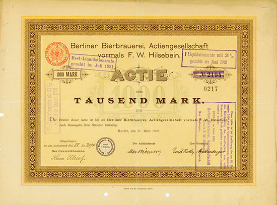 Berliner Bierbrauerei, Actiengesellschaft vormals F. W. Hilsebein