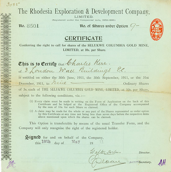 Rhodesia Exploration & Development Company, Limited - Selukwe Columbia Gold Mine, Limited