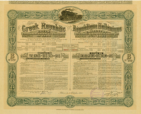 Greek Republic, Greek Government Railway 8 % Gold Loan of 1925