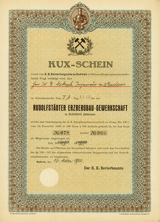 Rudolfstädter Erzbergbau-Gesellschaft in Budweis [2 Stück]