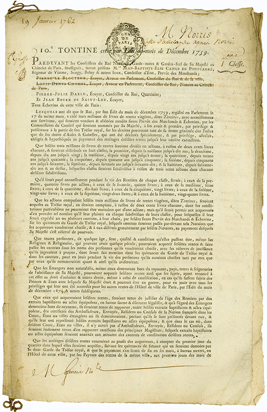 10.e Tontine créee par Édit du mois de Décembre 1759