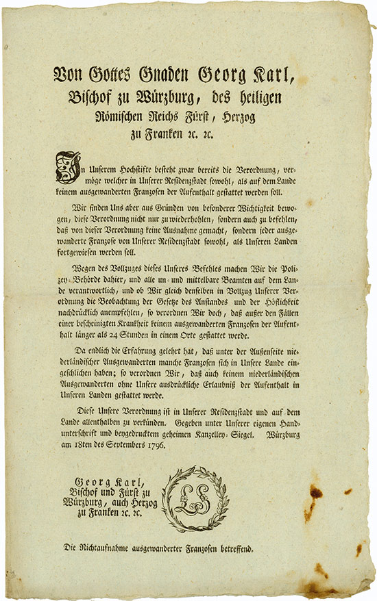 Dekret über die Ausweisung von ausgewanderten Franzosen und Niederländern aus der Residenzstadt Würzburg und den fürstbischöflichen Landen