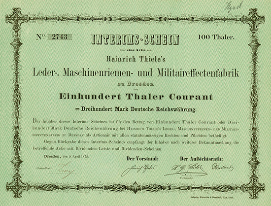 Heinrich Thiele's Leder-, Maschinenriemen- und Militaireeffectenfabrik zu Dresden