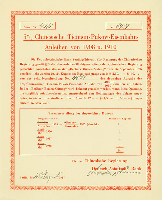 5 % Chinesische Tientsin-Pukow-Eisenbahn-Anleihe von 1908 und 1910 (Kuhlmann 173/202 SCRIP TE TPS 16) [14 Stück]