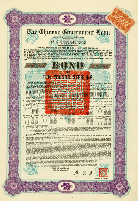 Chinese Government (Skoda Loan II, Kuhlmann 701 I) [3 Stück]